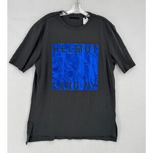 Helmut Lang Mens Gunmetal Grey Metallic Blue Film Print Box Fit T Shirt Sz M